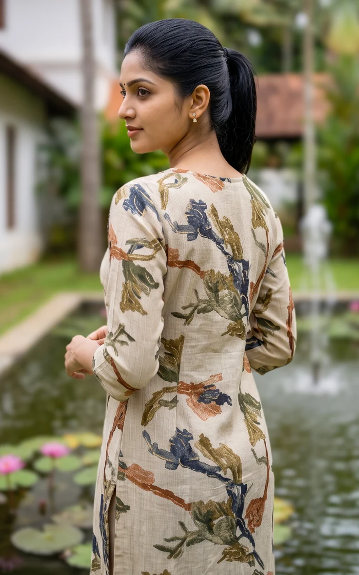 Off White Floral Print with Mirror work Straight cut Kurti set
